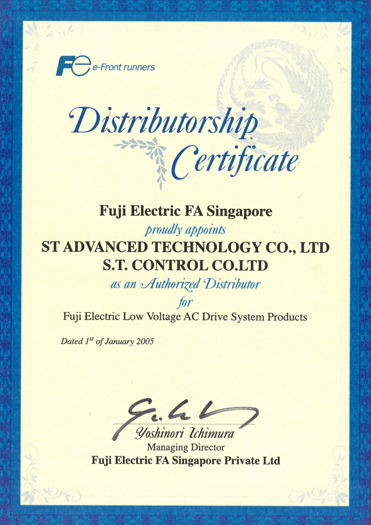 Distributorship Certificate Fuji ElectricFA Singapore STControl
