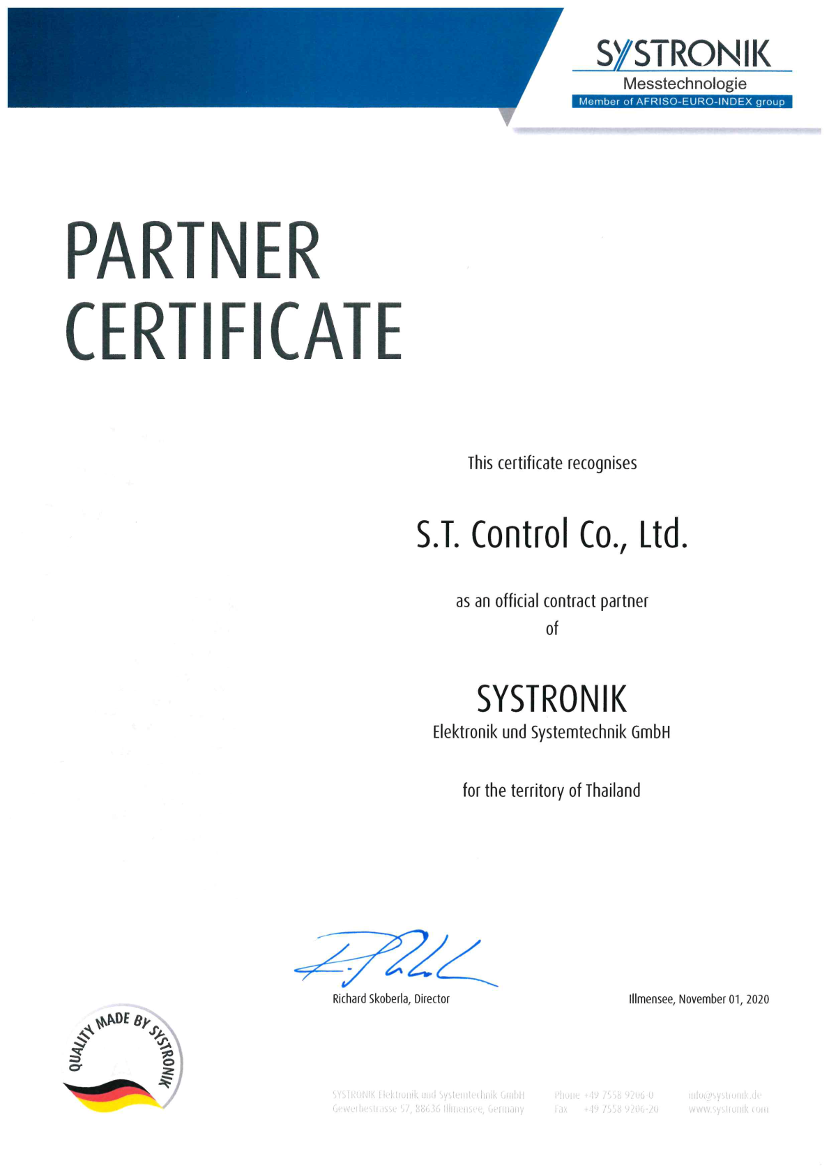 Certificate SYSTRONIK ST Control